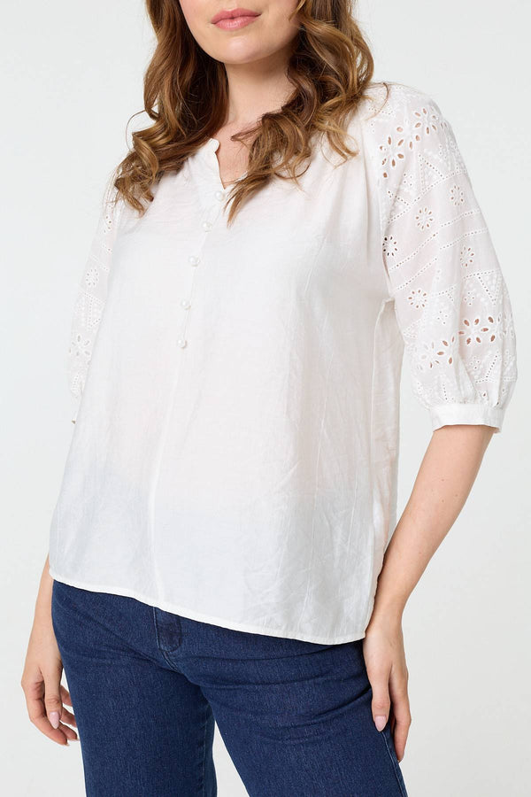 White | Broderie Anglaise 3/4 Puff Sleeve Blouse