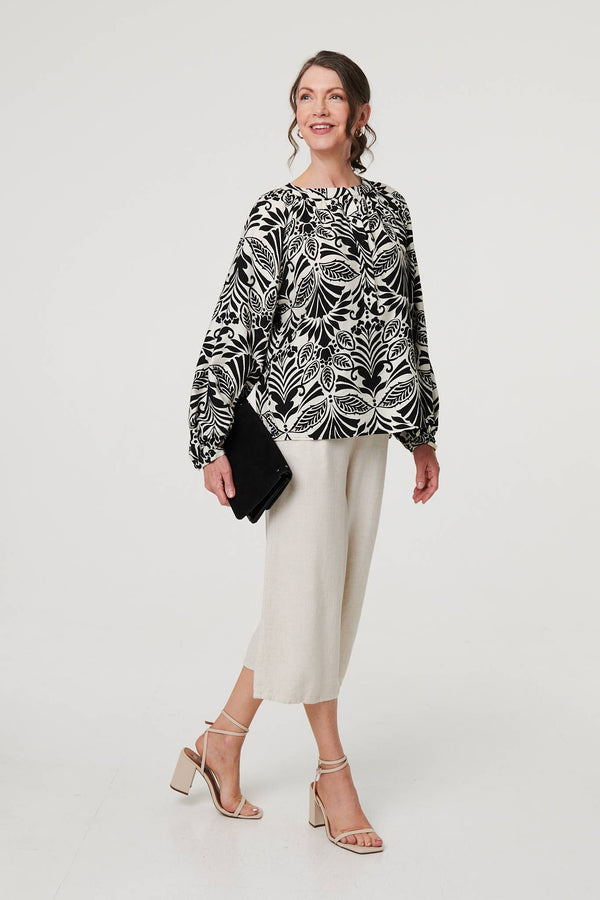 Black | Printed Long Sleeve Button Front Blouse
