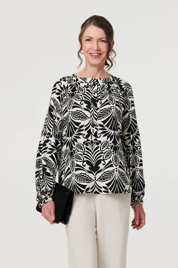 Black | Printed Long Sleeve Button Front Blouse