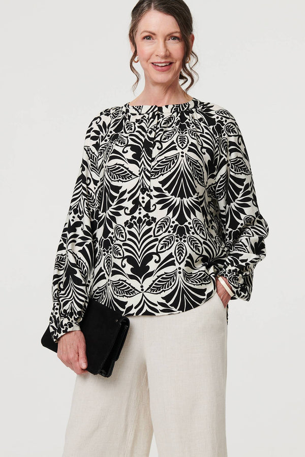 Black | Printed Long Sleeve Button Front Blouse
