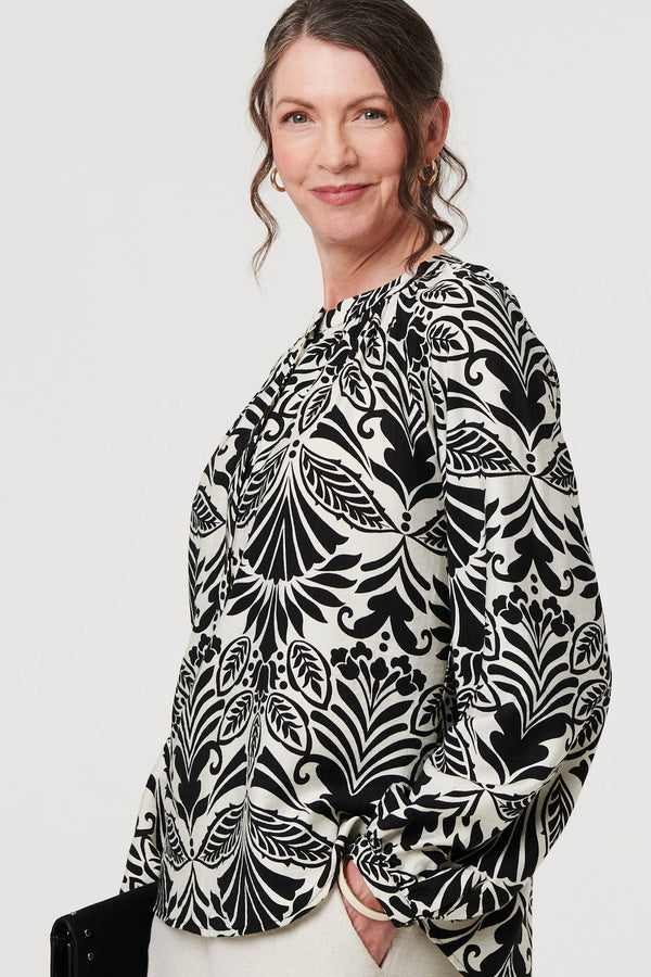 Black | Printed Long Sleeve Button Front Blouse