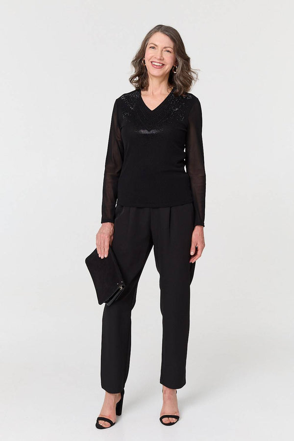 Black | Sparkly Semi Sheer Long Sleeve Top