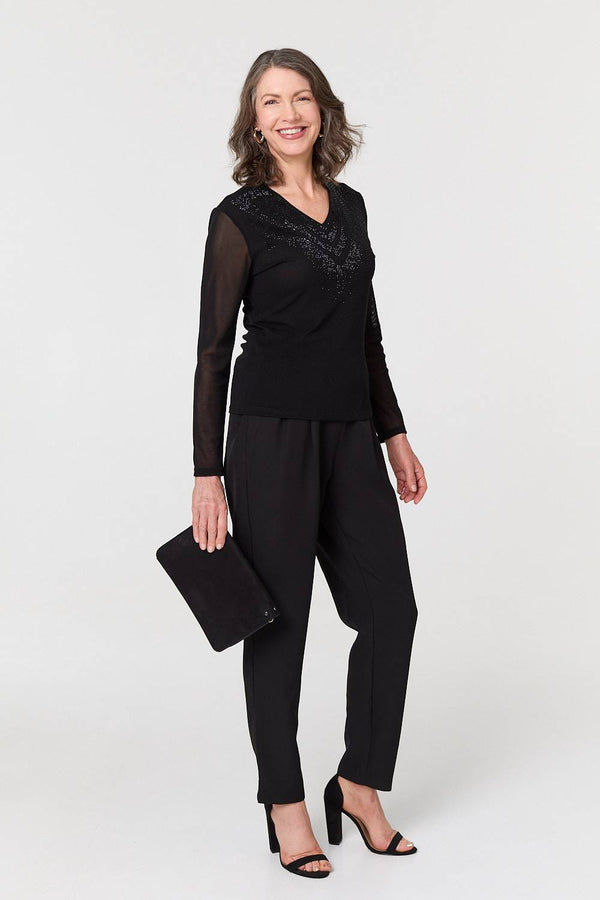Black | Sparkly Semi Sheer Long Sleeve Top
