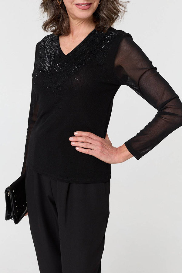 Black | Sparkly Semi Sheer Long Sleeve Top