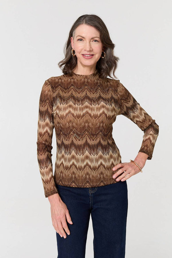 Brown | Sparkly Embellished High Neck Fitted Top