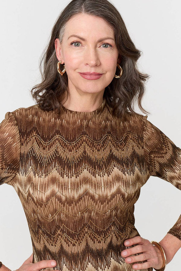 Brown | Sparkly Embellished High Neck Fitted Top