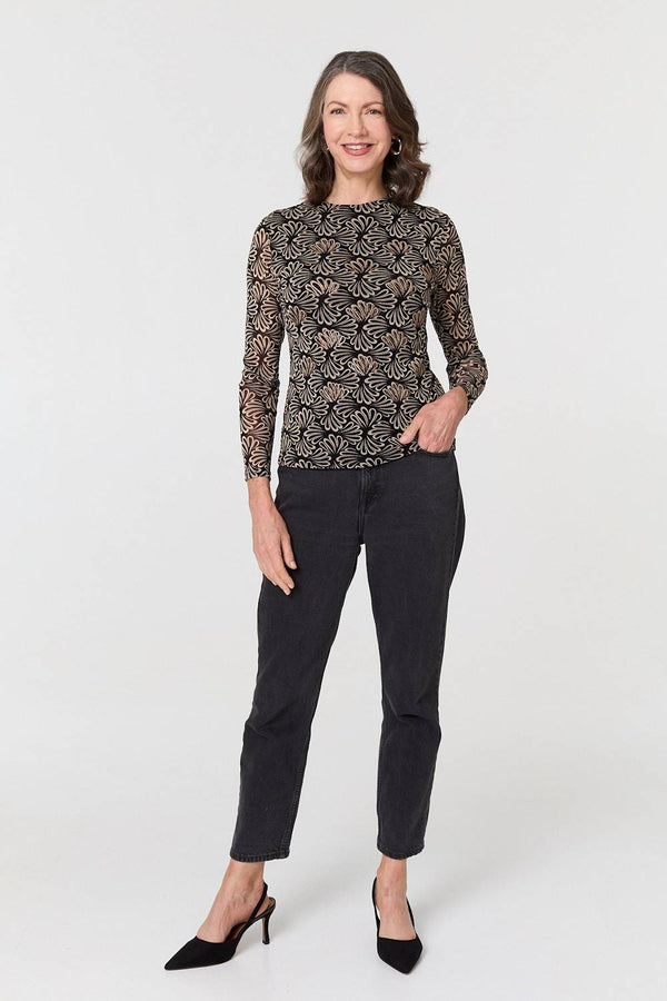 Black | Printed Long Sleeve Fitted Top