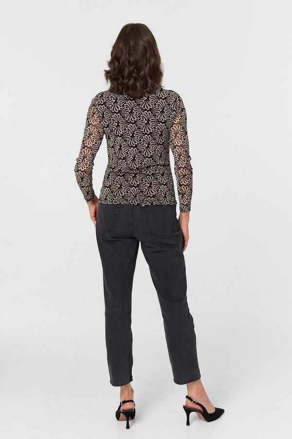 Black | Printed Long Sleeve Fitted Top