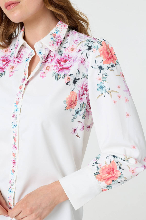 White | Floral Border Print Long Sleeve Shirt