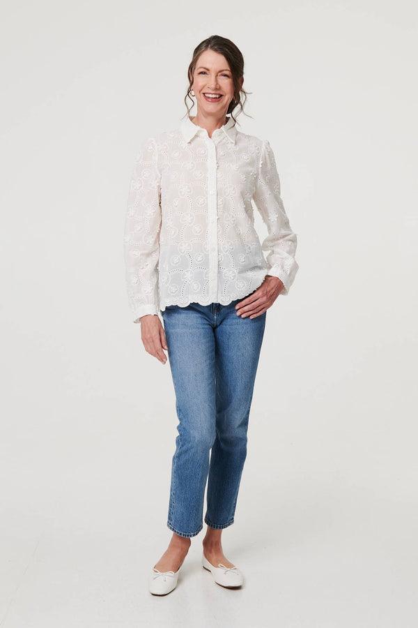 White | Floral Long Sleeve Embroidered Shirt