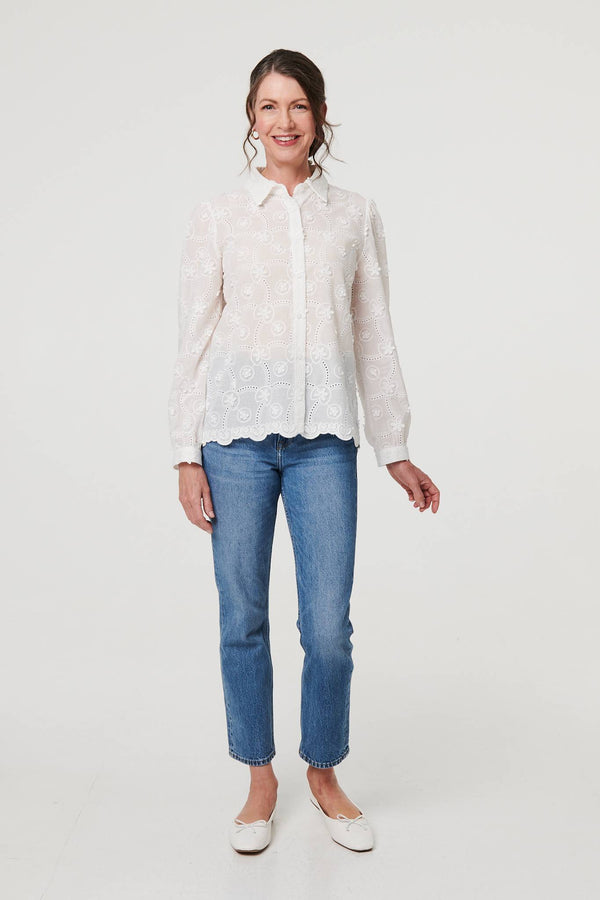 White | Floral Long Sleeve Embroidered Shirt