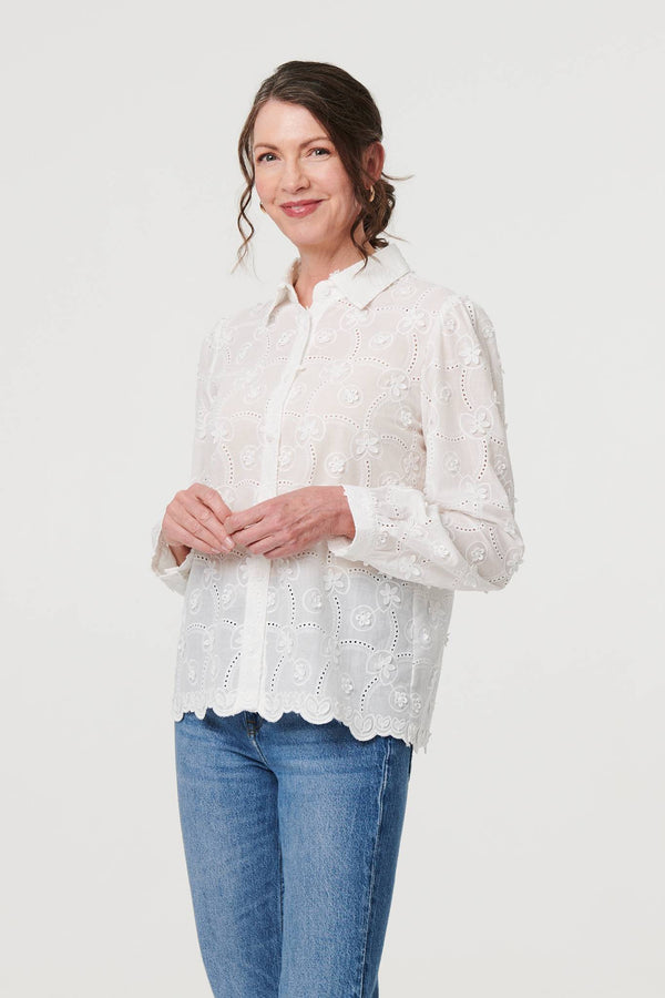 White | Floral Long Sleeve Embroidered Shirt