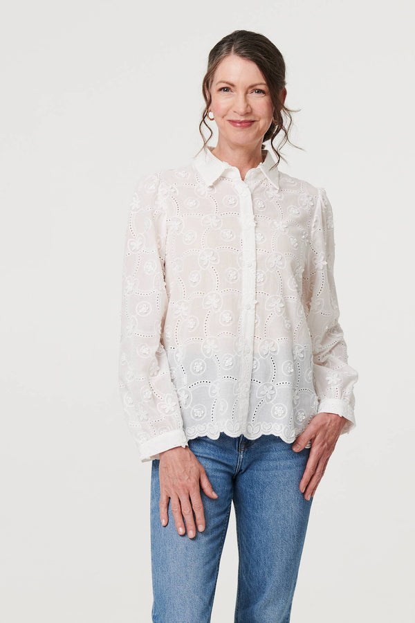 White | Floral Long Sleeve Embroidered Shirt