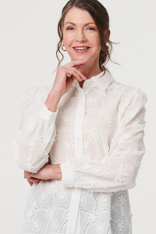 White | Floral Long Sleeve Embroidered Shirt