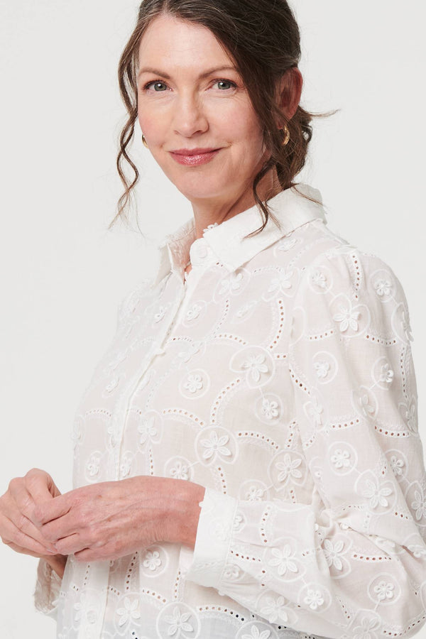 White | Floral Long Sleeve Embroidered Shirt