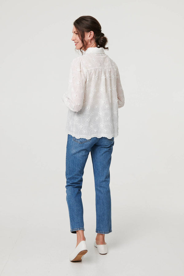 White | Floral Long Sleeve Embroidered Shirt