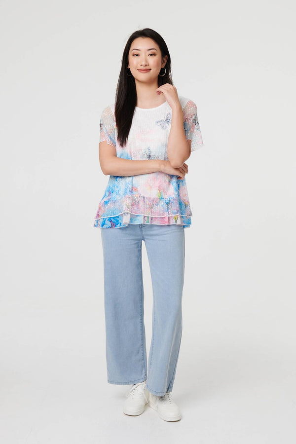 Pink | Butterfly Print Mesh Layered Top