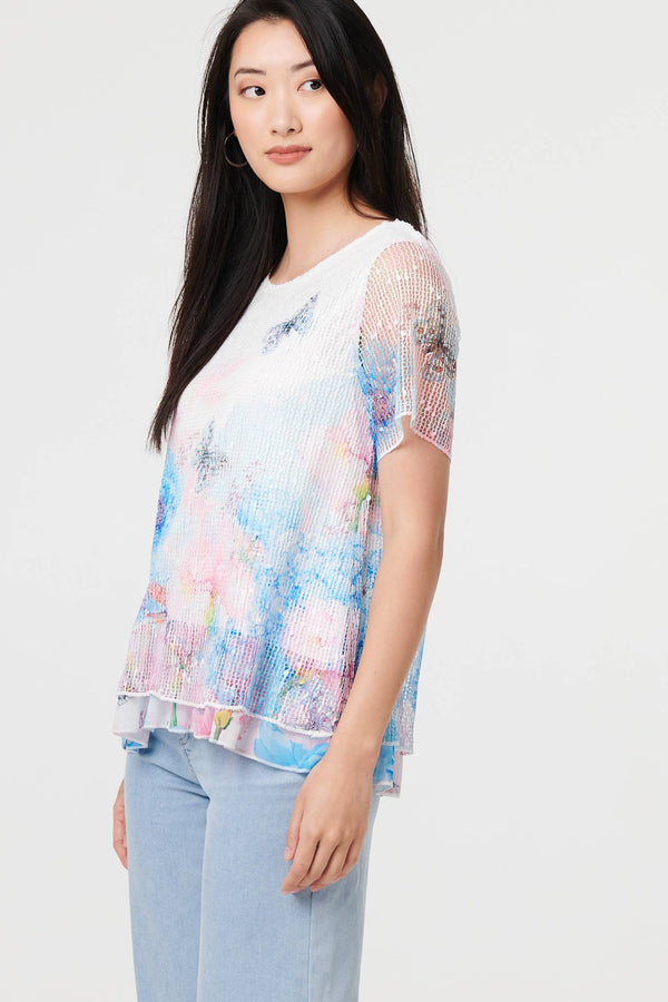 Pink | Butterfly Print Mesh Layered Top