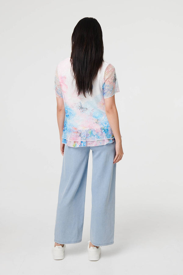 Pink | Butterfly Print Mesh Layered Top