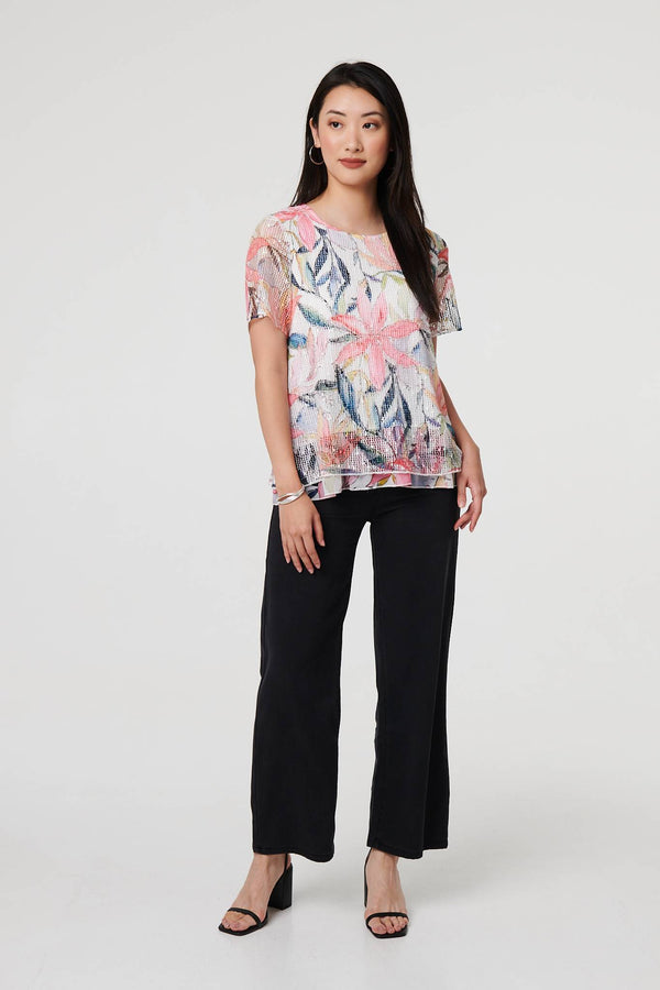 Pink | Floral Short Sleeve Mesh Layered Top