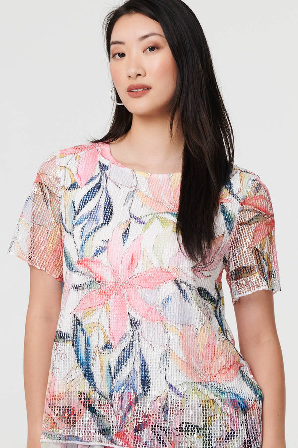Pink | Floral Short Sleeve Mesh Layered Top