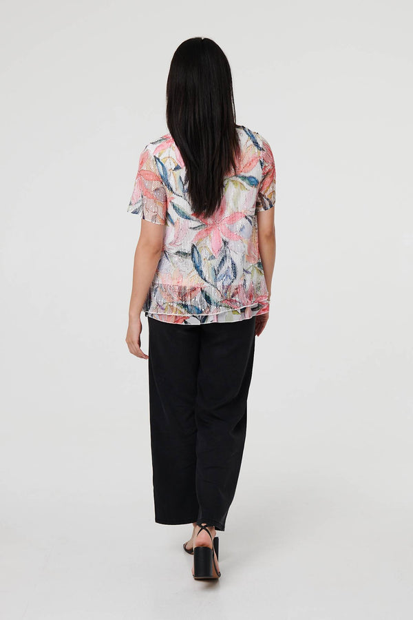 Pink | Floral Short Sleeve Mesh Layered Top