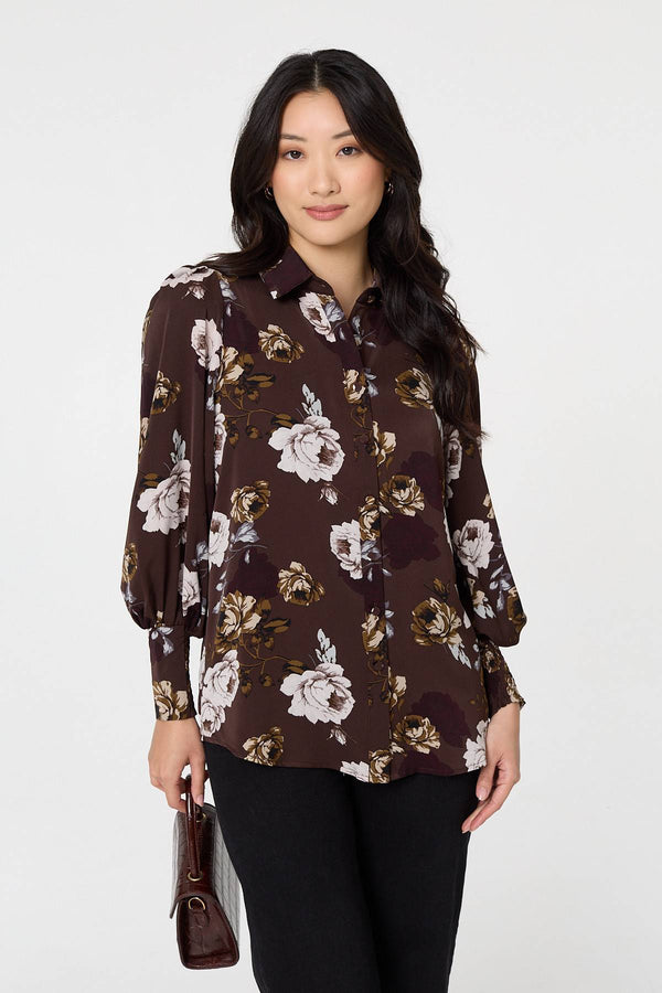 Brown | Floral Balloon Sleeve Semi Sheer Shirt