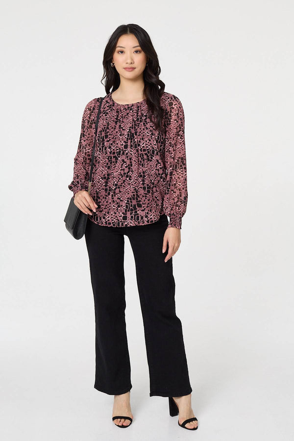 Rust | Printed Ruched Semi Sheer Blouse