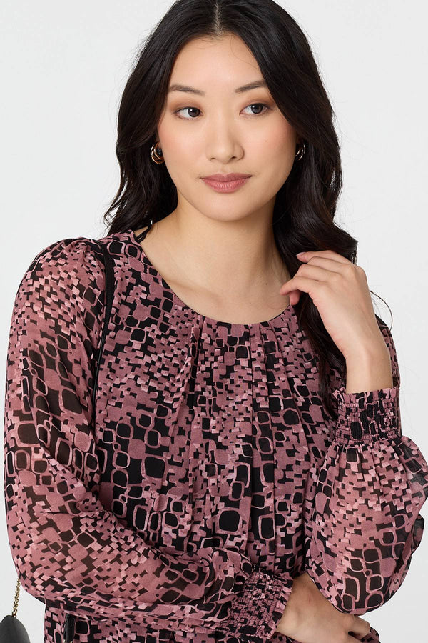 Rust | Printed Ruched Semi Sheer Blouse