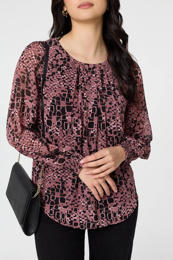 Rust | Printed Ruched Semi Sheer Blouse