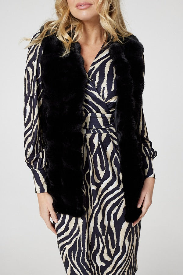 Black | Faux Fur Open Front Longline Gilet