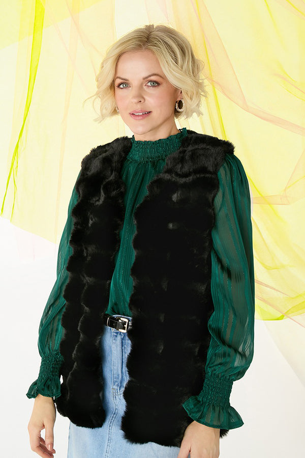 Black | Faux Fur Open Front Longline Gilet
