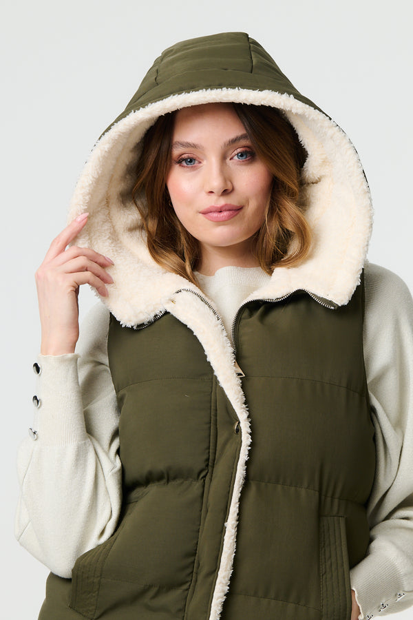 Green | Reversible Faux Fur Padded Hooded Gilet