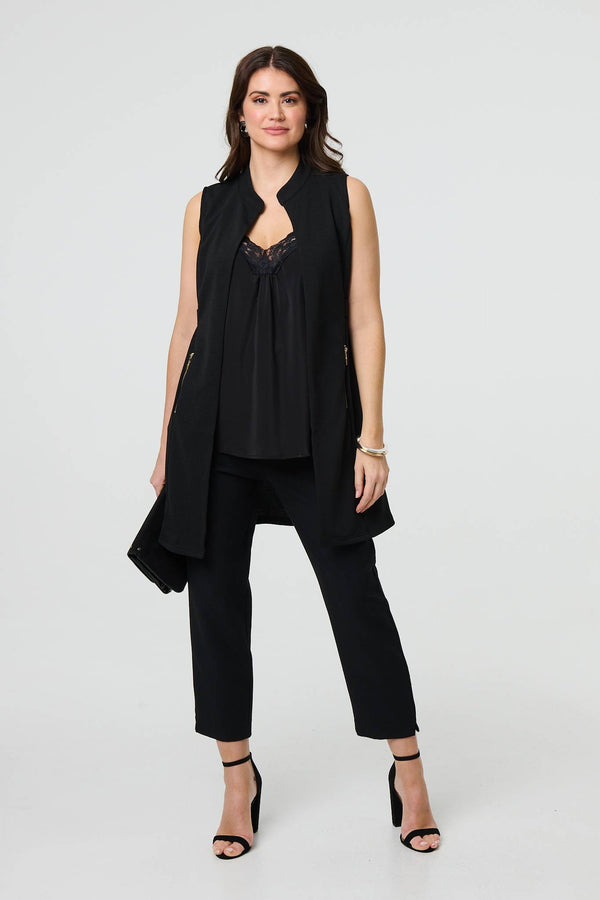 Black | Thigh Length Sleeveless Gilet Vest