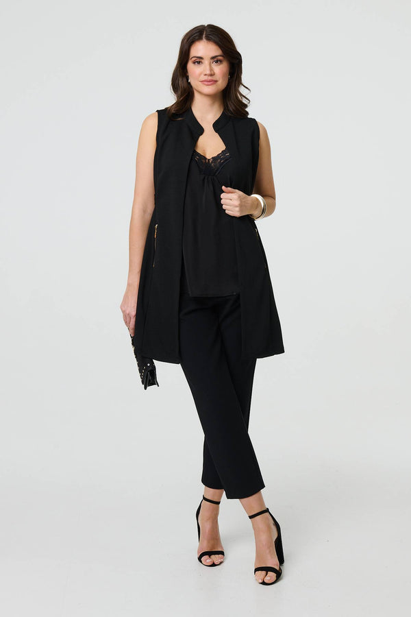 Black | Thigh Length Sleeveless Gilet Vest