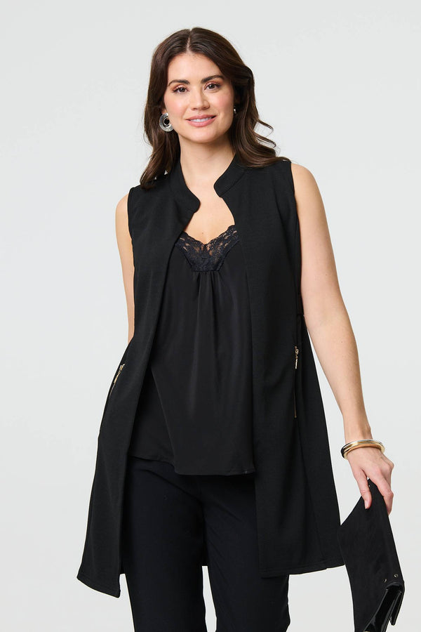 Black | Thigh Length Sleeveless Gilet Vest