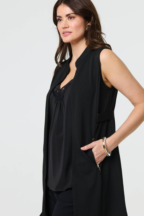 Black | Thigh Length Sleeveless Gilet Vest