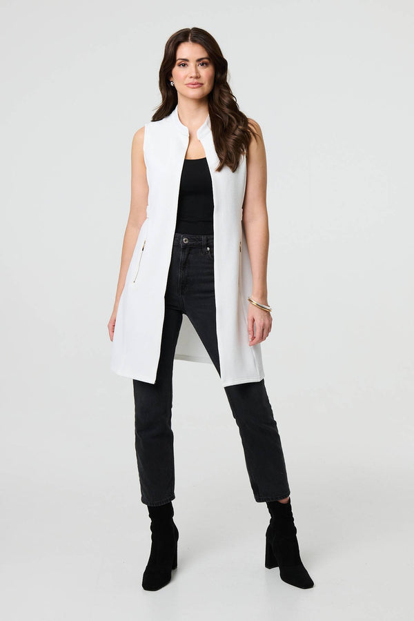 White | Thigh Length Sleeveless Gilet Vest