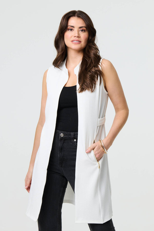 White | Thigh Length Sleeveless Gilet Vest
