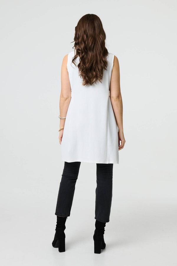 White | Thigh Length Sleeveless Gilet Vest