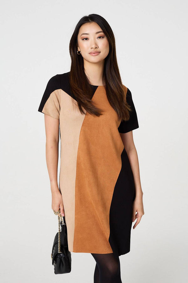 Beige | Colour Block Short Sleeve Midi Dress