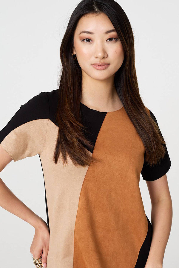 Beige | Colour Block Short Sleeve Midi Dress