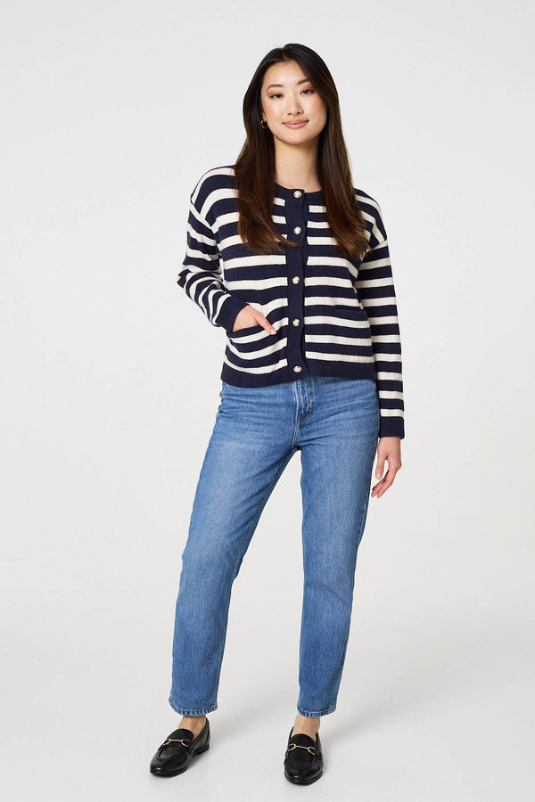 Navy | Striped Button Detail Cropped Cardigan