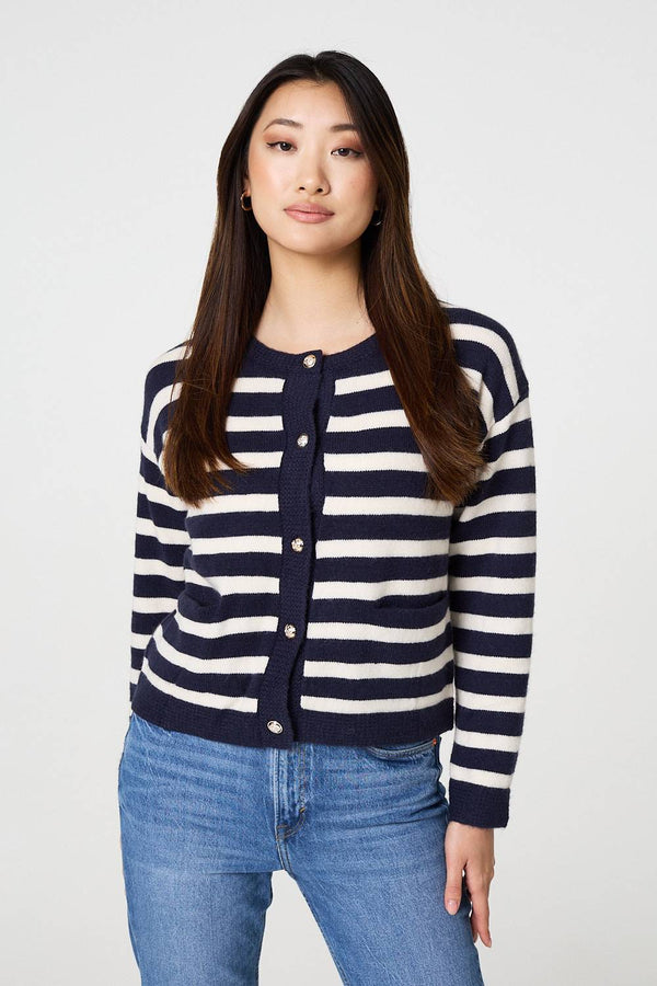Navy | Striped Button Detail Cropped Cardigan