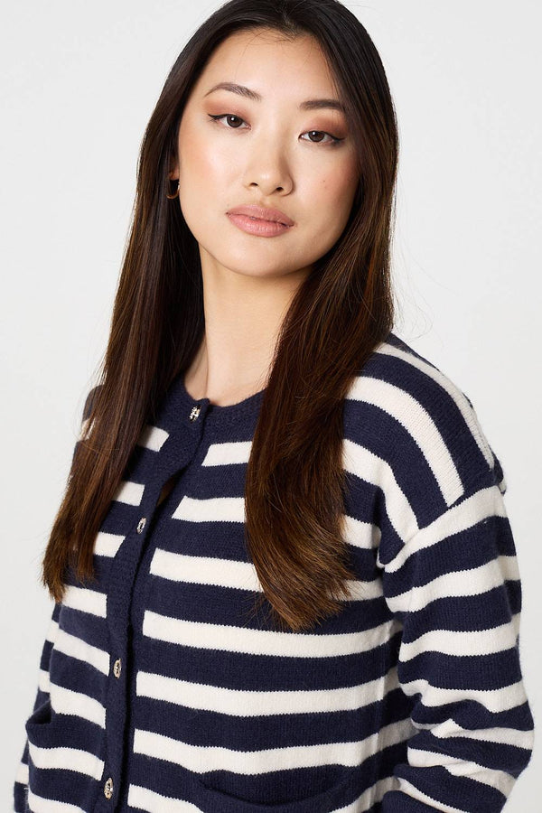 Navy | Striped Button Detail Cropped Cardigan