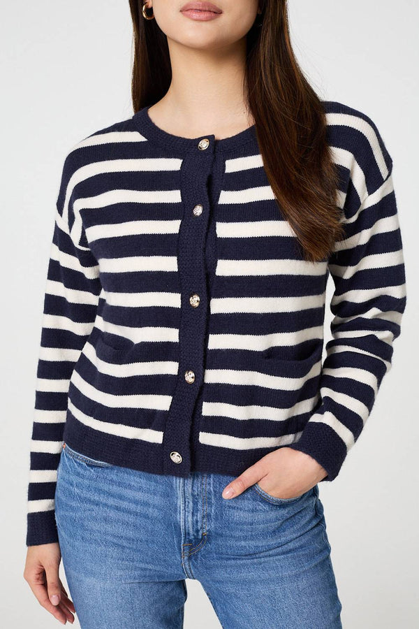 Navy | Striped Button Detail Cropped Cardigan