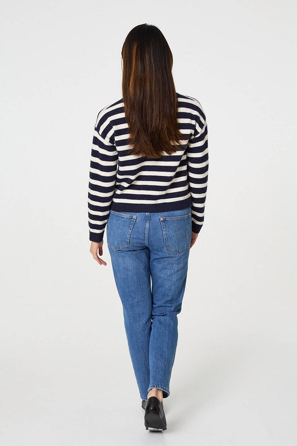 Navy | Striped Button Detail Cropped Cardigan
