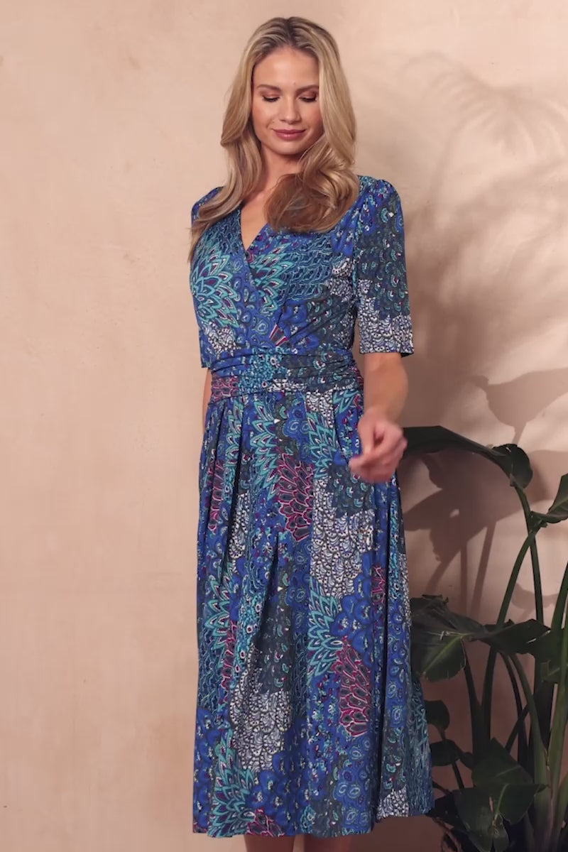 Blue | Peacock Print Wrap Front Dress