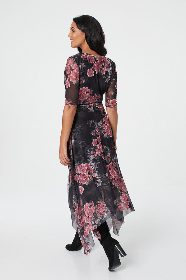 Black | Floral Hanky Hem Wrap Dress