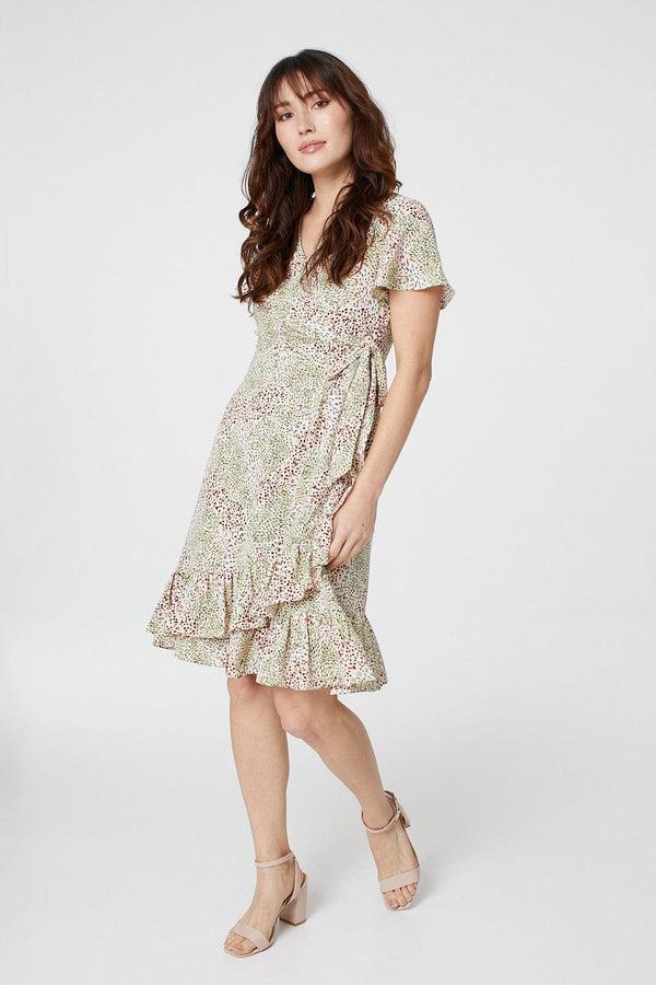 Green | Ditsy Wrap Front Short Dress